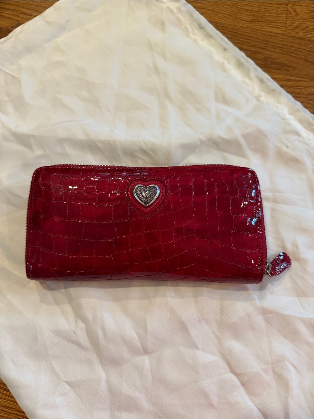Brighton Red Croc-Embossed Patent Zip Wallet with Heart Accent